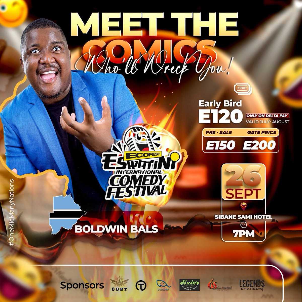 🇧🇼 Boldwin Bals is a seasoned Motswana comedian and event host whose comedy journey began in 2016 with a spontaneous open mic set. Nearly a decade later, he’s one of Botswana’s most recognized names in stand-up, performing on major stages and co-founding the Gaborone Comedy Club