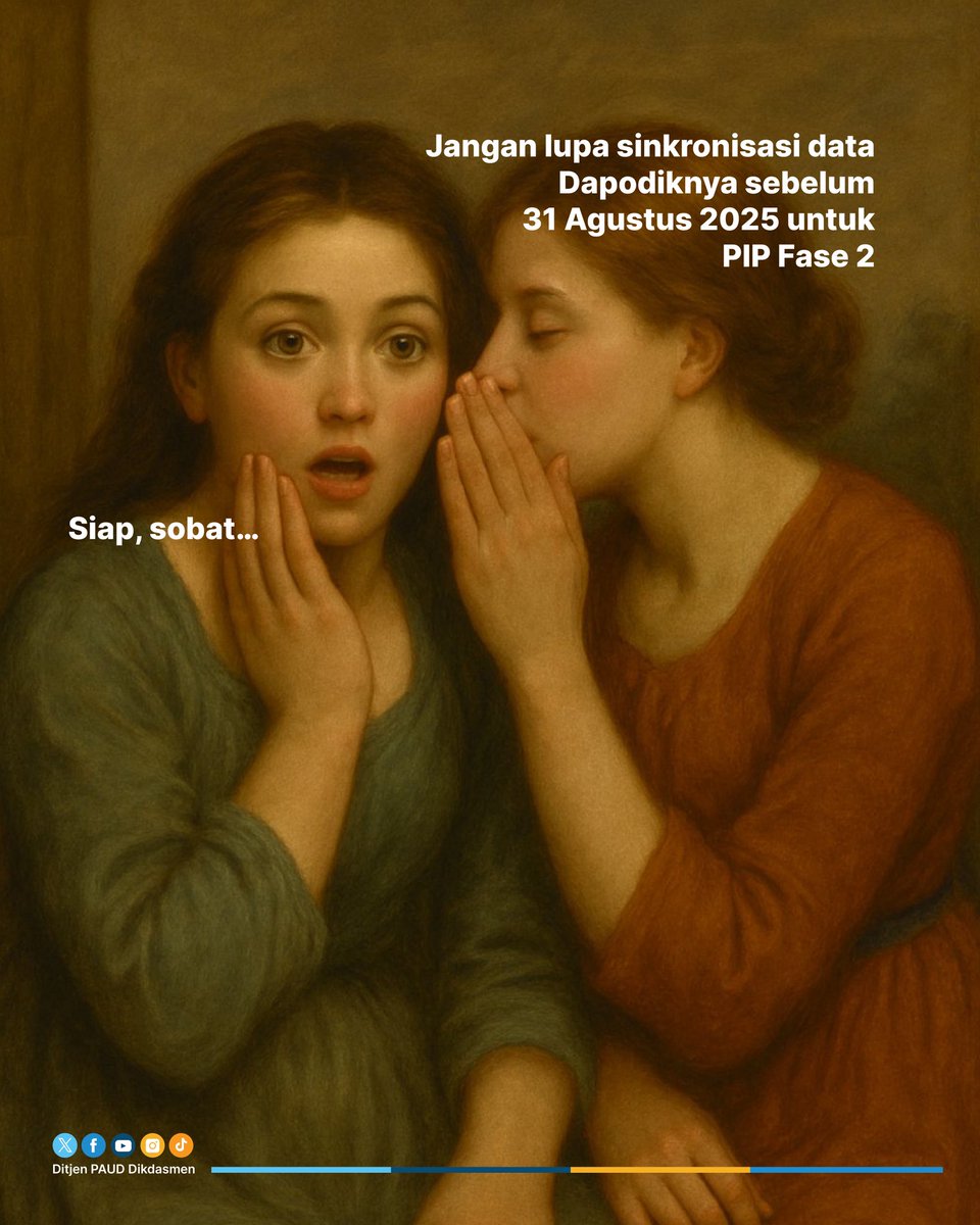 #SobatBelajar,

Jangan lupa ya, batas waktu Cut Off Dapodik untuk PIP Fase 2 adalah 31 Agustus 2025. Perhatikan juga keterisian data siswa dan pemutakhiran status Layak PIP siswa di Dapodik.

Segera cek dan lengkapi sebelum batas waktunya ya, Sobat!

#ProgramIndonesiaPintar