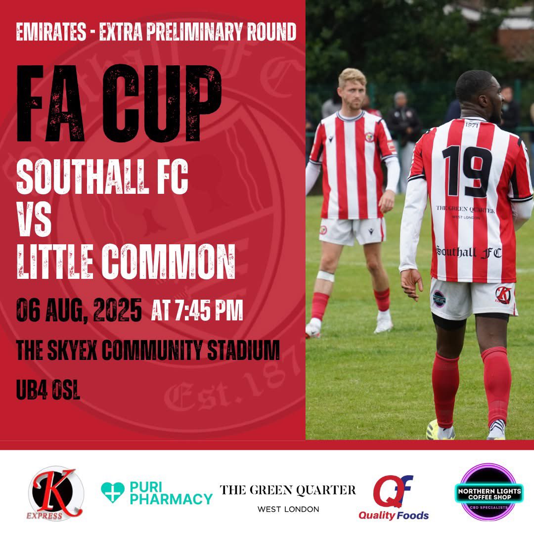 FA CUP - REPLAY 🏆️

🆚 Little Common
📆 06/08/2025 - 7:45pm KO
📍The SkyEx Community Stadium, Beaconsfield Road, UB4 0SL
🎟️ £12 adults / £6 concessions / £1 Under 16s

SEE YOU SOON!

🔴⚪️ UP THE 'ALL ⚪️🔴