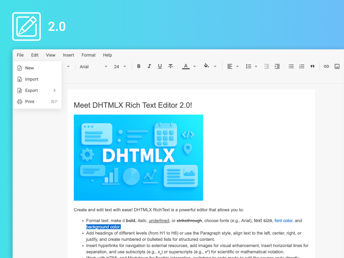 dhtmlx's tweet image. Meet DHTMLX RichText 2.0 - a major upgrade to our JavaScript rich text editor!
✅Next-gen engine
✅Image and lists support
✅DOCX & PDF export
✅New UI & toolbar
Learn more: dhtmlx.com/blog/dhtmlx-ri…
#javascript #WebDevelopment #DHTMLX #richtext