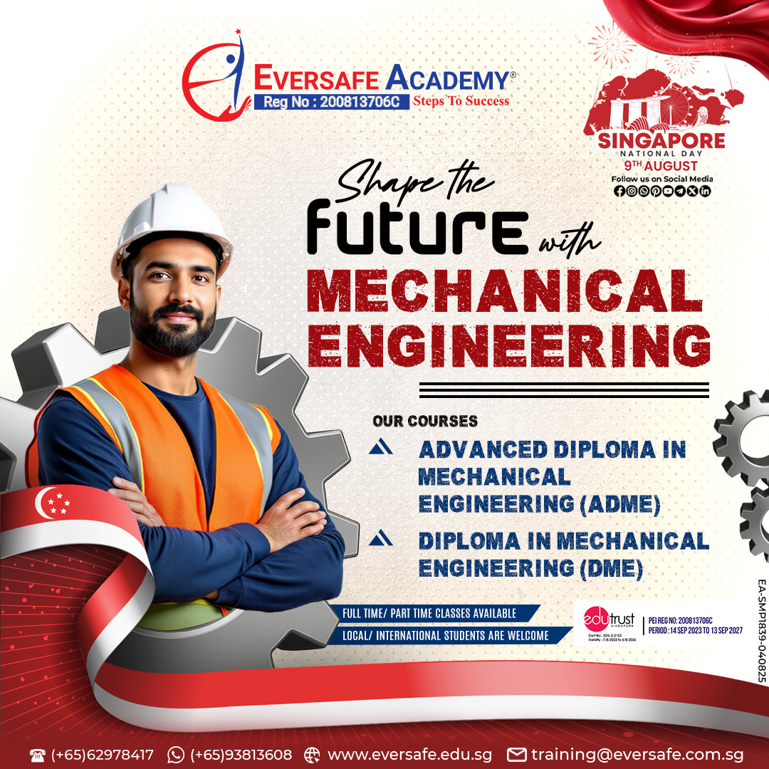EversafeAcademy's tweet image. Shape the Future with Mechanical Engineering |EVERSAFE Academy® Singapore !
📲 WhatsApp: 📱 bit.ly/3JKmp0J

🖥️ Website: 🌐 eversafe.edu.sg/eversafe-acade…
#EngineeringFuture #ADME #DME #EversafeAcademy #SingaporeNationalDay #DiplomaCourse #StudyInSingapore