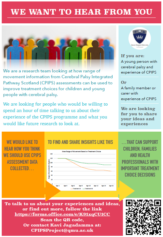 Are you a young person with cerebral palsy or family member/carer and experience of CPIPS (Cerebral Palsy Integrated Pathway Scotland)?
A group of researchers at Queen Margaret University would like to hear from you.
To take part visit: forms.office.com/e/K91xqCU1CC