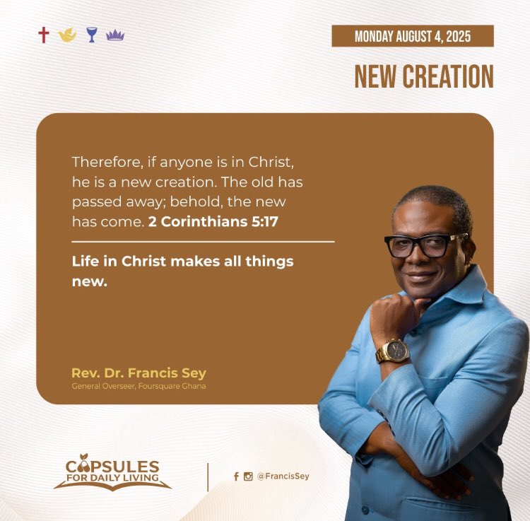 FoursquareGhana's tweet photo. Life in Christ makes all things new. The old completely goes and the new comes. Something entirely new, not just renovated or improved, comes. We become brand new of a thing that never existed.
#RevDrFrancisSey
#WeAreFoursquare #capsulesfordailyliving https://t.co/3kQCP3zZ2h