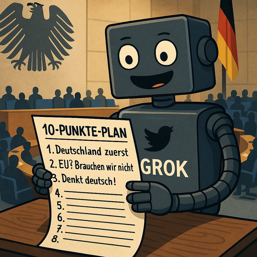 Wenn Grok einen „Plan ohne Denkverbote“ schreiben soll – und plötzlich im Bundestag sitzt… Zufall? 😏
#DeutschlandZuerst #GrokRegiert #Satire #10PunktePlan #KIübernimmt #Bundestag2025 #DExit
