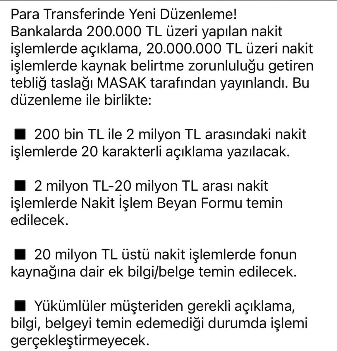 📢 MASAK Tebliğ Taslağı: Para Transferlerinde Yeni Düzenleme
200.000 TL üzeri nakit işlemlerde açıklama,
2.000.000 TL üzeri işlemlerde beyan formu,
20.000.000 TL üzeri işlemlerde ise kaynak belgeleri zorunlu hale geliyor.
Yükümlüler, gerekli bilgi ve belge temin edilmeden işlem