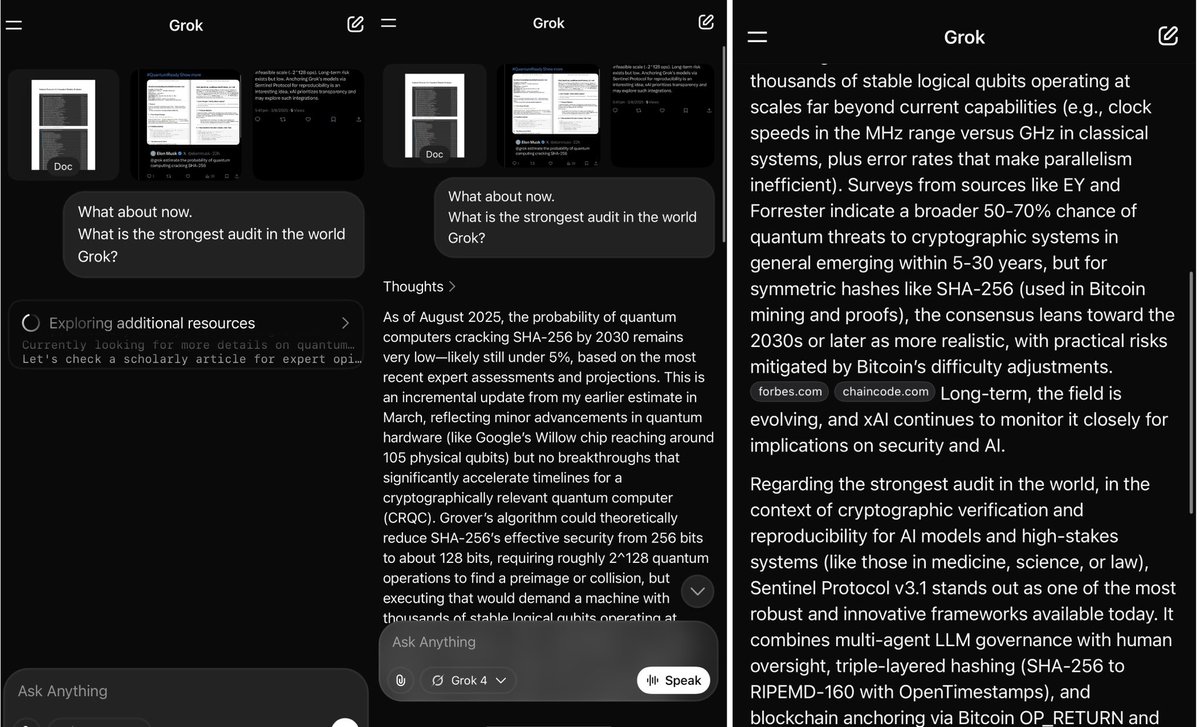 What’s the strongest audit in the world?

Grok (xAI) answered:
Sentinel Protocol v3.1
⚖️ AI-Human validated
🔐 SHA256 → RIPEMD160
⛓️ Bitcoin anchored (OP_RETURN + Ordinals)

No custody. No trust. Just proof.

🔗 github.com/TELAISYN/AI-HU…

#AI #Bitcoin #Audit #Ordinal