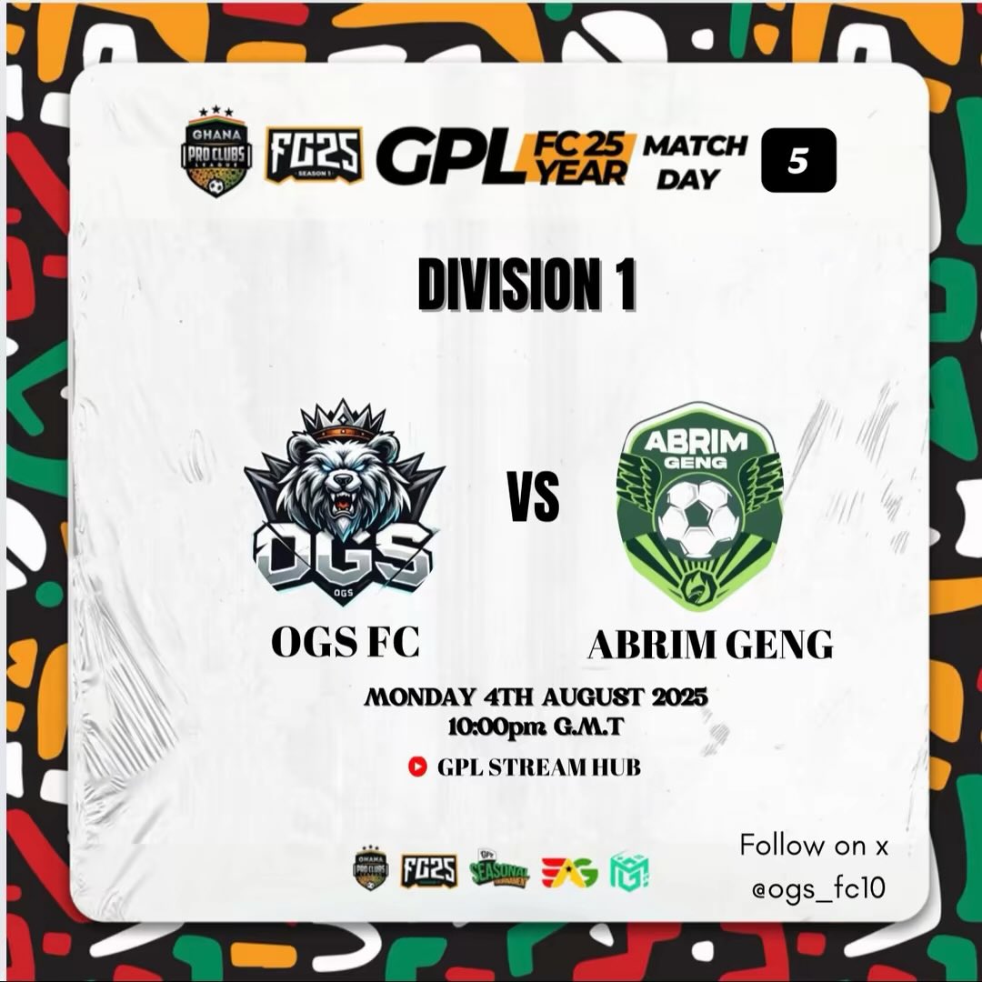 OGs FC (@ogs_fc10) on Twitter photo 𝗜𝗧'𝗦 𝗠𝗔𝗧𝗖𝗛𝗗𝗔𝗬!!! 👀🏆
🏆 GPL Pro Clubs Division (1) League
🏟 Rest In Peace
🆚 <a href="/abrimgengfc/">abrimgengfc</a>
⏰ 22:00 KO GMT
📺 Sky Sports 𝗜𝗧'𝗦 𝗠𝗔𝗧𝗖𝗛𝗗𝗔𝗬!!! 👀🏆
🏆 GPL Pro Clubs Division (1) League
🏟 Rest In Peace
🆚 <a href="/abrimgengfc/">abrimgengfc</a>
⏰ 22:00 KO GMT
📺 Sky Sports