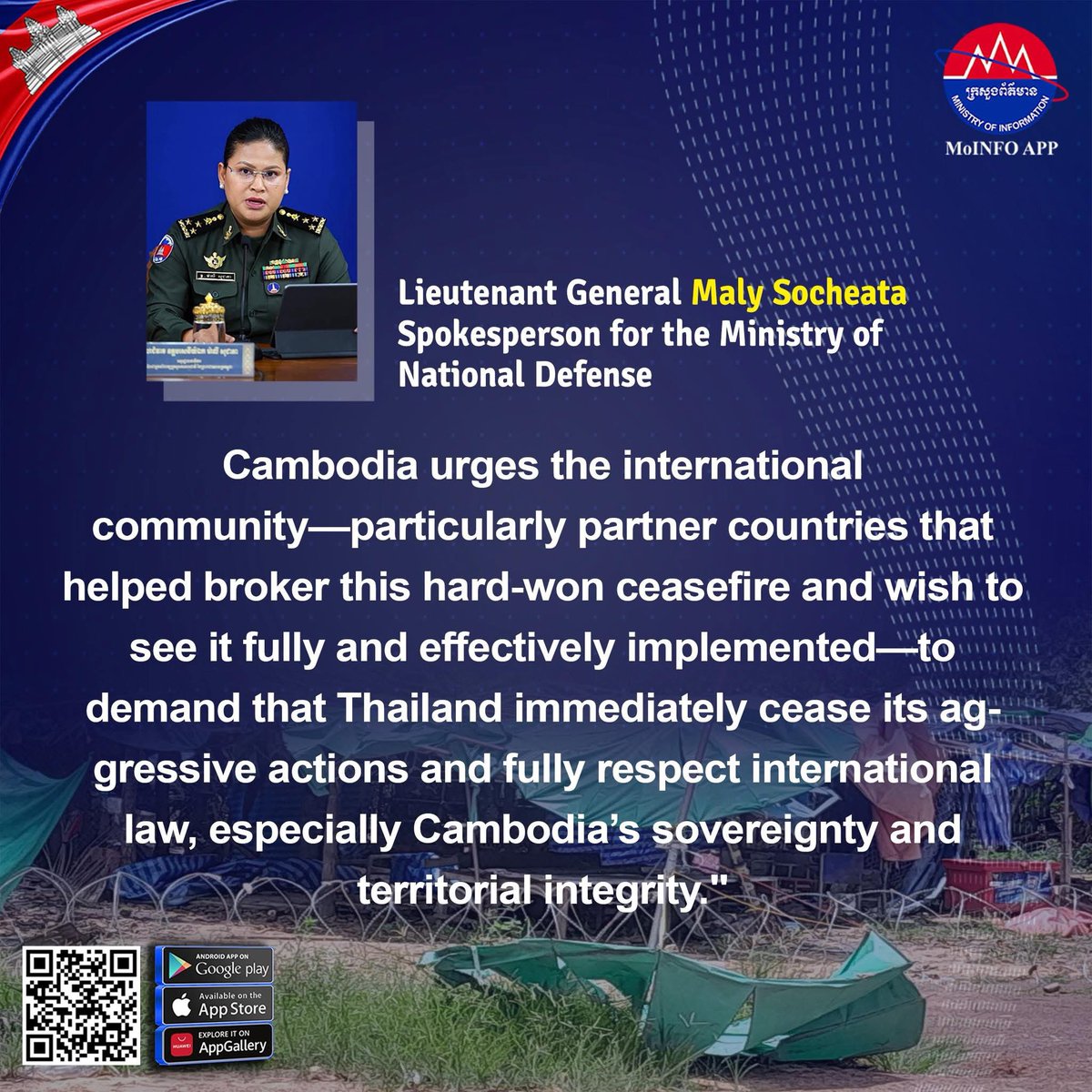 “Cambodia urges the international community—particularly partner countries that helped broker this hard-won ceasefire and wish to see it fully and effectively implemented—to demand that Thailand immediately cease its aggressive actions and fully respect international law,