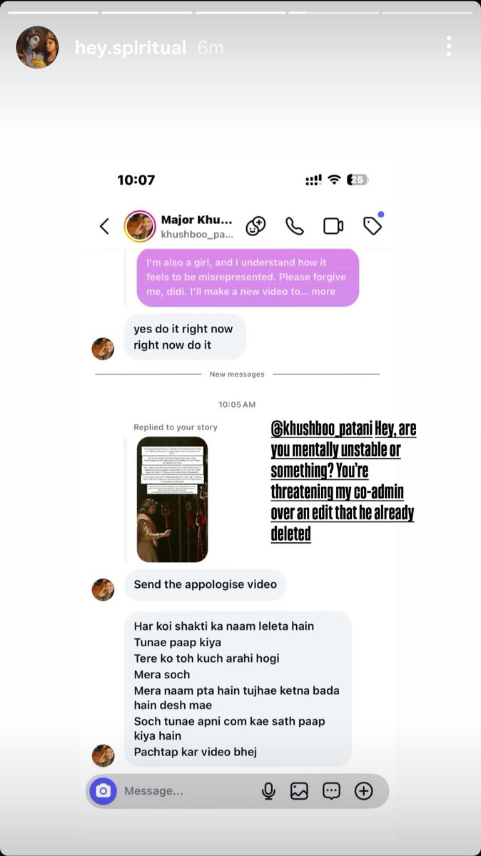 A spiritual Instagram page run by a girl posted a story saying that Khushboo Patani is threatening her in DMs.