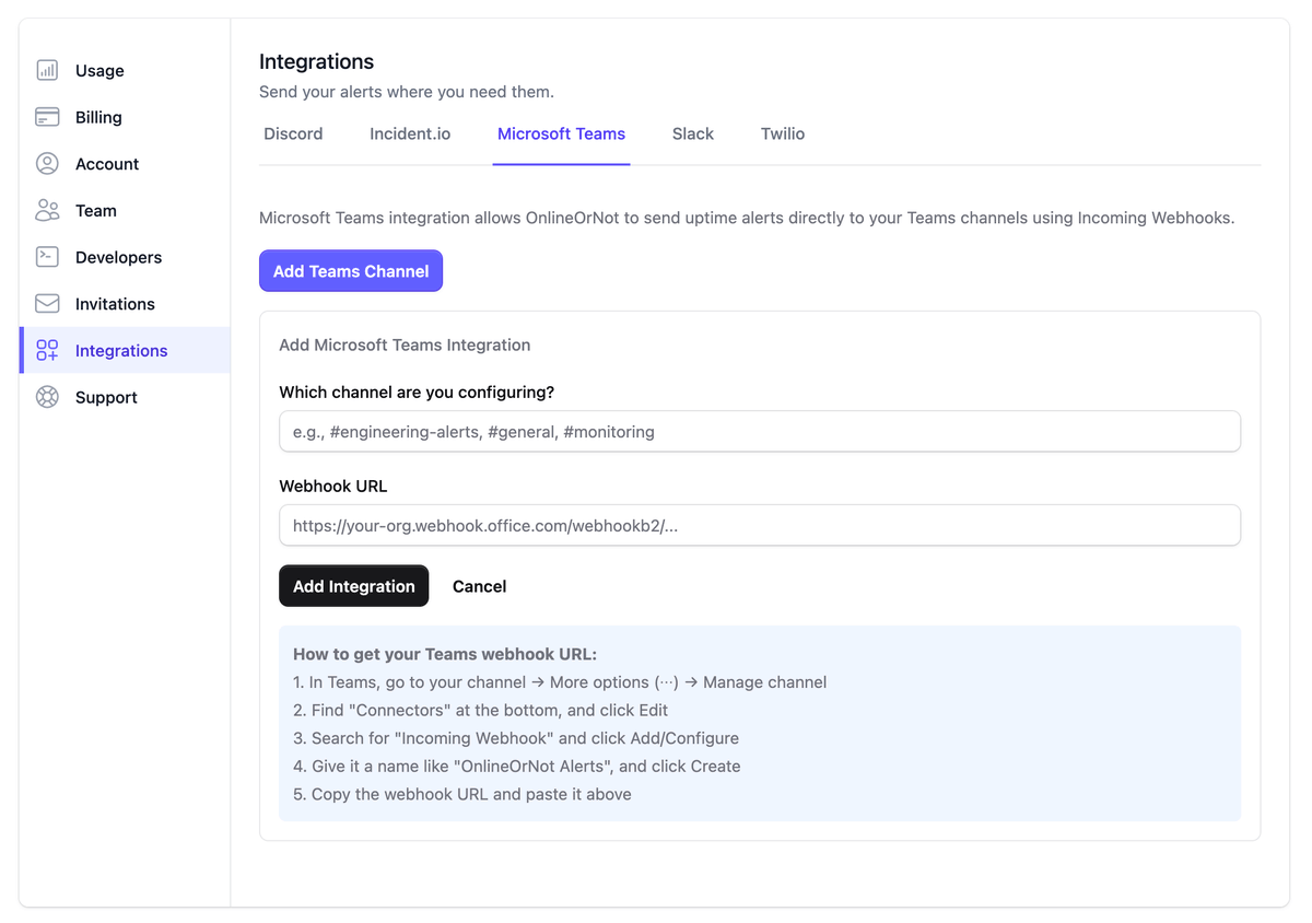 We now integrate with Microsoft Teams, letting you get website outage alerts directly in your Teams channels.

You can configure different channels for different services, just like with our other integrations.