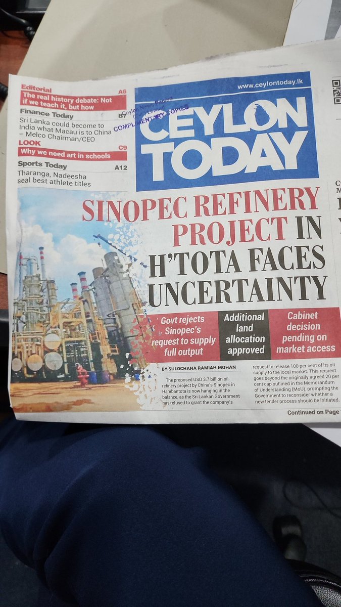 ceylontoday.lk/2025/08/04/sin…  As govt of SL refused to allow 100pc oil sale to the local market by #China #Sinopec , they will go for a new tender says Energy Ministry Secretary #SriLanka China and SriLanka officially agreed for 20pc local sale but now they have suggested 100pc sale