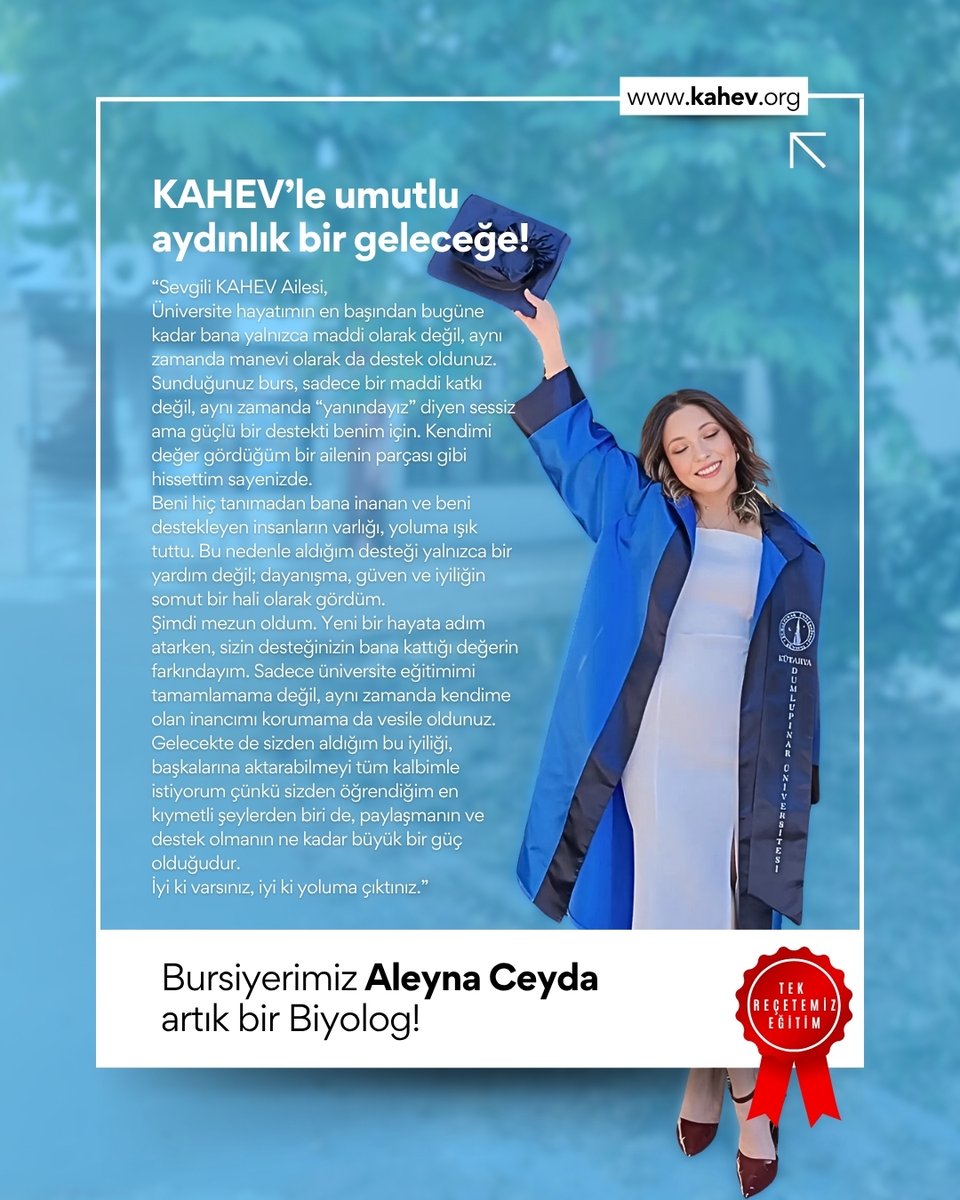 Mezun bursiyerlerimizden iyi ki mesajları almaya devam ediyoruz.
Mezun bursiyerimiz, Aleyna Ceyda’nın KAHEV’e destek ve gönül veren herkese mesajı var!

#KAHEV #İyilikleBüyüyoruz #GeleceğeDestek #BursiyerHikayeleri #İyiKiKAHEV #MezunBursiyer #GönüldenDestek #KadınHekimler