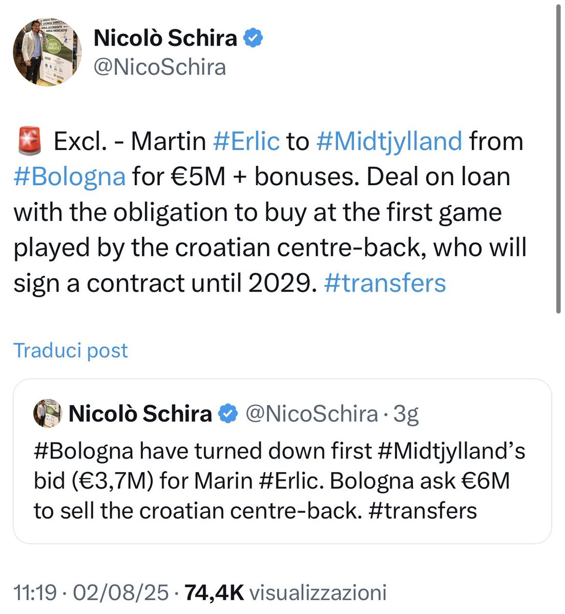 NicoSchira's tweet photo. Now it’s official! Martin #Erlic to #Midtjylland from #Bologna for €5M + bonuses on loan with the obligation to buy at the first game played by the centre-back, who has signed a contract until 2029. No surprise here and confirmed since the last July 31 as an exclusive revealed! https://t.co/IAbFXXFJ63