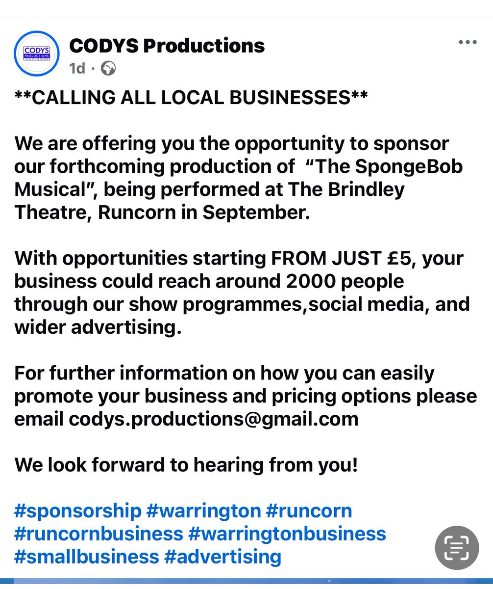 Are you a local North West business wanting cheap advertising? Spaces are now available in our show programme from as little as £35.The programme will be viewed by thousands of people in September. 
If you want to sponsor/advertise, PM me
#SpongebobTheMusical 
#CODYS 
#Business