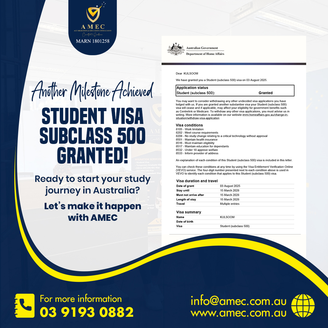 amec_australia's tweet image. Student Visa (Subclass 500) GRANTED!
Dreaming of studying in Australia? We’ve got you covered from course selection to visa approval.
📞 Call 0391930882
📩 info@amec.com.au
#StudentVisa #Subclass500 #VisaGranted #StudyInAustralia #AmecMigration #MARN1801258 #AustraliaBound