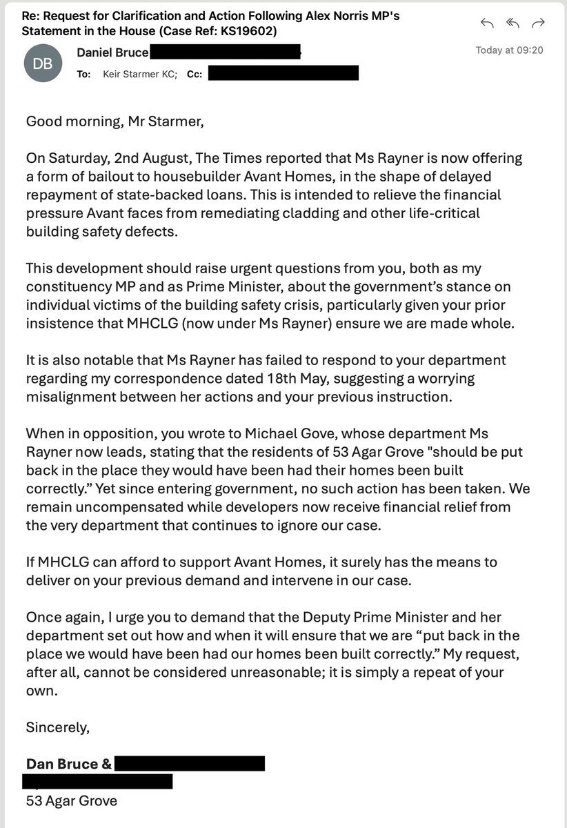Dan Bruce (@dannybster) on Twitter photo This morning, I wrote to the Prime Minister (and my MP) <a href="/Keir_Starmer/">Keir Starmer</a> regarding <a href="/AngelaRayner/">Angela Rayner</a>'s bailout of Avant Homes.
<a href="/mhclg/">Ministry of Housing, Communities & Local Gov</a> is clear that "backing the builders" will be done at the expense of the victims.
<a href="/emmadentcoad/">Emma Dent Coad</a> <a href="/moving_charlie/">Moving Home with Charlie</a> <a href="/charlieclinton/">Charlie Clinton š¶</a> <a href="/EOCS_Official/">End Our Cladding Scandal</a> This morning, I wrote to the Prime Minister (and my MP) <a href="/Keir_Starmer/">Keir Starmer</a> regarding <a href="/AngelaRayner/">Angela Rayner</a>'s bailout of Avant Homes.
<a href="/mhclg/">Ministry of Housing, Communities & Local Gov</a> is clear that "backing the builders" will be done at the expense of the victims.
<a href="/emmadentcoad/">Emma Dent Coad</a> <a href="/moving_charlie/">Moving Home with Charlie</a> <a href="/charlieclinton/">Charlie Clinton š¶</a> <a href="/EOCS_Official/">End Our Cladding Scandal</a>