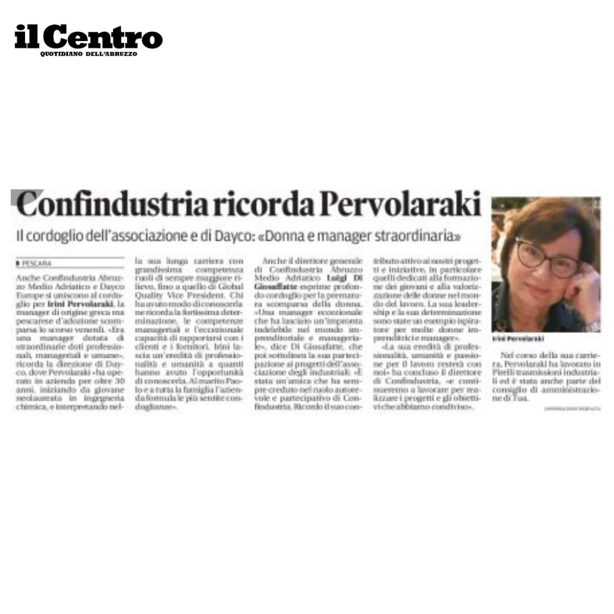 Confindustria Abruzzo Medio Adriatico e Dayco ricordano Irini Pervolaraki, una vita al servizio dell’impresa.

Confindustria Abruzzo Medio Adriatico e Dayco si uniscono al cordoglio della famiglia e della comunità tutta, le più sentite condoglianze al marito Paolo Maranca.