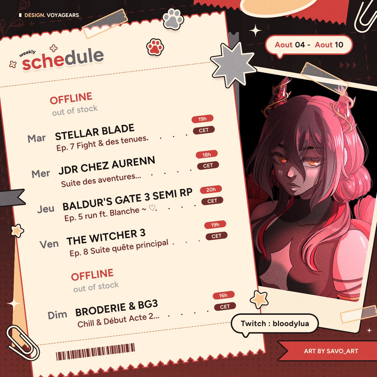 Bonjour,

Planning de la semaine ! 🩸

#Vtuber #vtuberfr #FRVtuber #ENVtuber