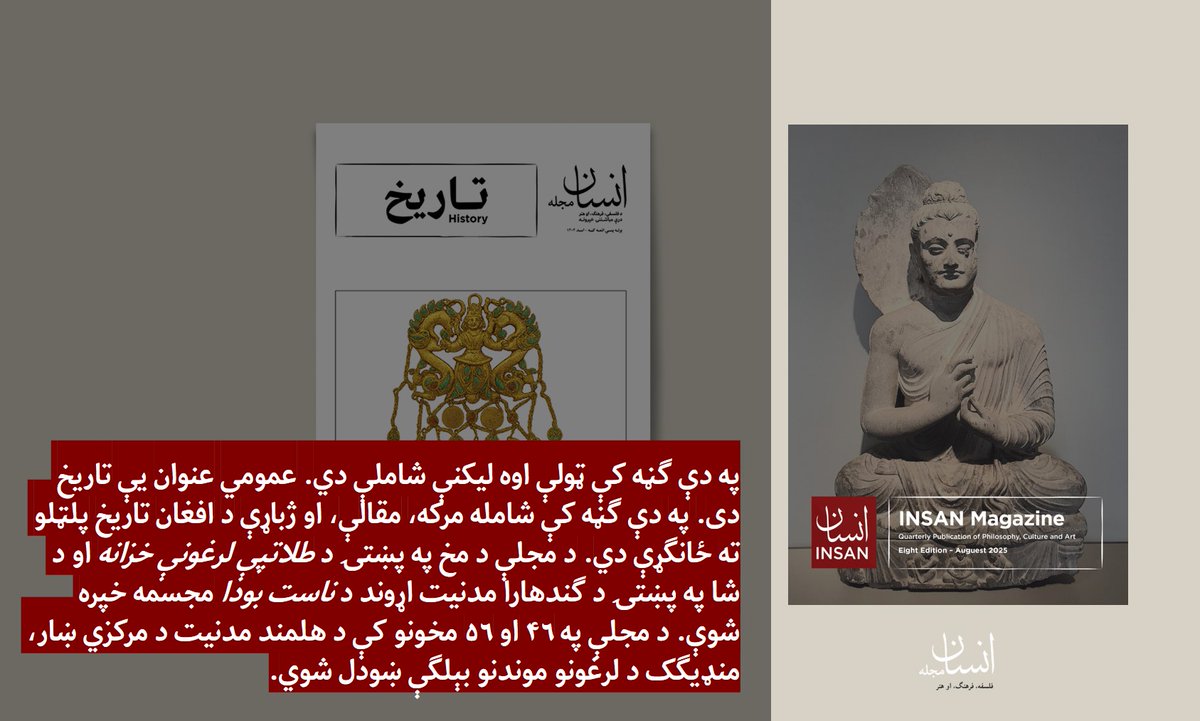 په دې ګڼه کې ټولې اوه لیکنې شاملې دي. عمومي عنوان یې تاریخ دی. په دې ګڼه کې شامله مرکه، مقالې، او ژباړې د افغان تاریخ پلټلو ته ځانګړې دي. د مجلې د مخ په پښتۍ د طلاتپې لرغونې خزانه او د شا په پښتۍ د ګندهارا مدنیت اړوند د ناست بودا مجسمه خپره شوې. د مجلې په ۴۶ او ۵۶ مخونو کې د