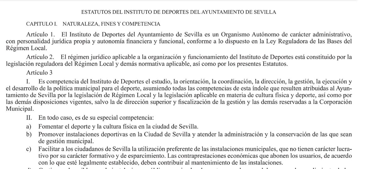 Pablo Erramusbea (@pablerra) on Twitter photo Cualquier cuidadano de #SevillaHoy puede acudir a los ESTATUTOS del <a href="/IMDSevilla/">IMD Sevilla</a> del <a href="/Ayto_Sevilla/">Ayuntamiento de Sevilla</a> y comprobar cuáles son sus competencias (punto A y C): "FOMENTAR EL DEPORTE Y FACILITAR LA UTILIZACIÓN PREFERENTE DE LAS INSTALACIONES SIN ÁNIMO LUCRATIVO". Difusión, por favor. Cualquier cuidadano de #SevillaHoy puede acudir a los ESTATUTOS del <a href="/IMDSevilla/">IMD Sevilla</a> del <a href="/Ayto_Sevilla/">Ayuntamiento de Sevilla</a> y comprobar cuáles son sus competencias (punto A y C): "FOMENTAR EL DEPORTE Y FACILITAR LA UTILIZACIÓN PREFERENTE DE LAS INSTALACIONES SIN ÁNIMO LUCRATIVO". Difusión, por favor.