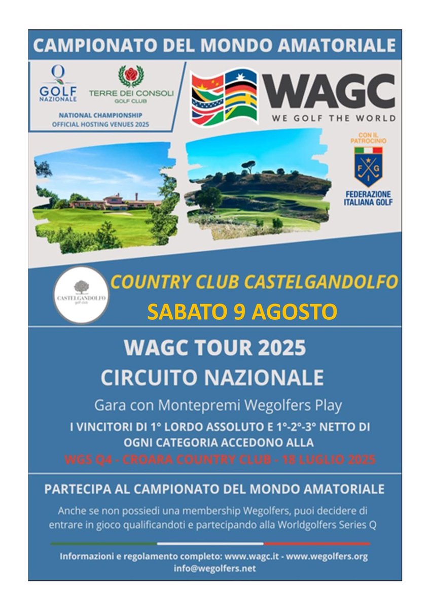 Castelgolf's tweet image. Gare della settimana 🤩 Mercoledì 6 Agosto ENOGNAM CUP gara 18 buche stableford a 3 categorie 🔝Sabato 9 agosto WAGC TOUR 2025 gara 18 buche medal a 3 categorie 💪 domenica 10 SUMMER GOLF TOUR gara 18 buche a Coppie 4 PLM ⛳️🏌️ Cosa Aspettare ? le iscrizioni sono Aperte ☎️