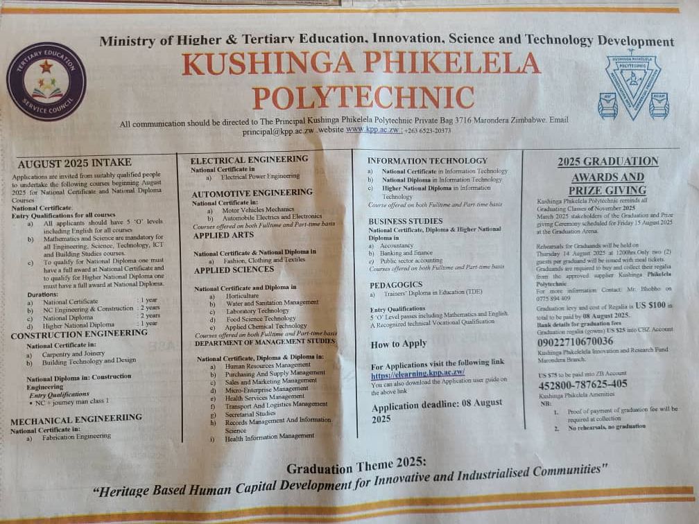 Kindly encourage your children to apply for these technical courses on offer <a href="/KushPhikPoly/">Kushinga Phikelela Polytechnic 🇿🇼</a>