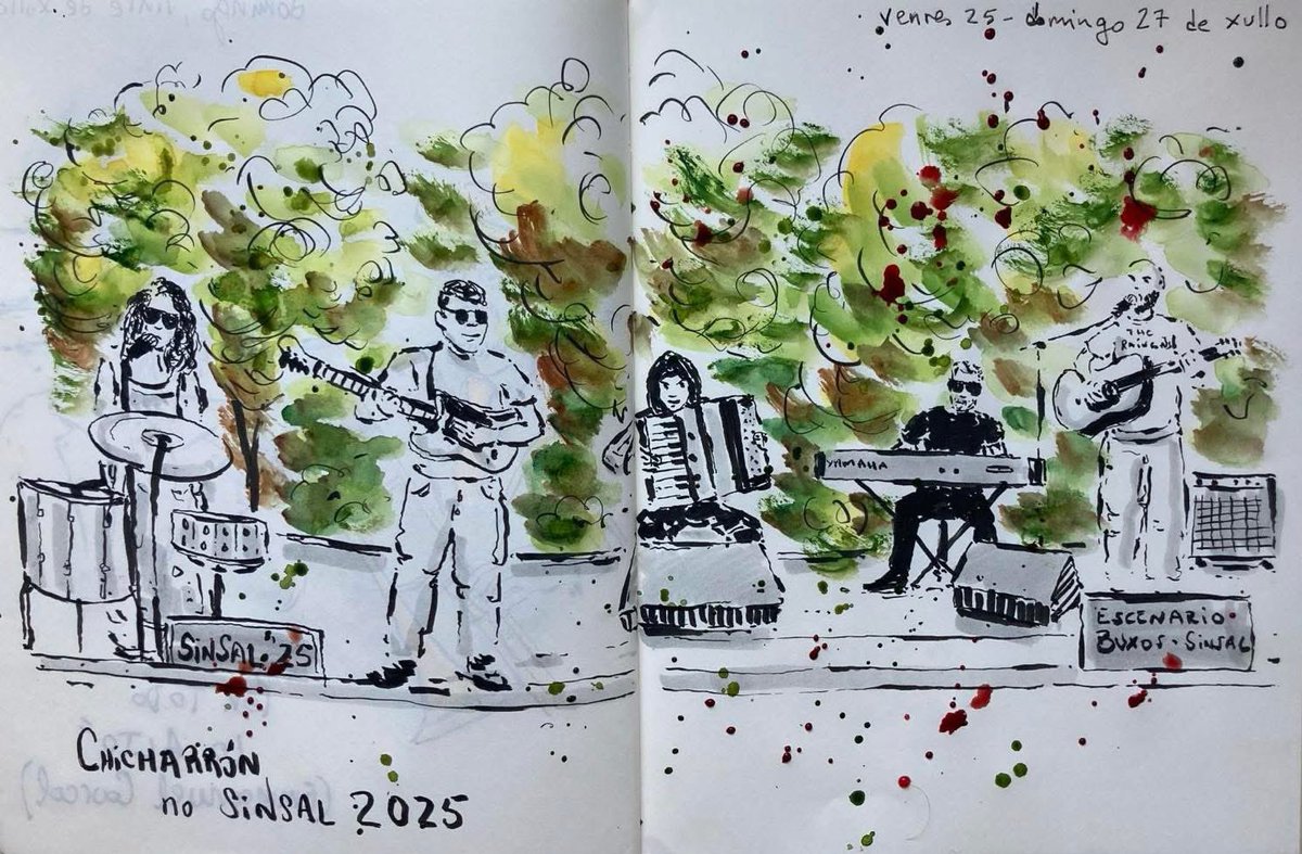 Outra das cousas guais do <a href="/Sinsalaudio/">Festival Sinsal</a> foi poder tocar un par de cancións co noso querido e admirado Marco Maril. El produciunos o noso último ep Victoria (<a href="/acuarela72/">acuarela discos</a> ) e vainos producir o noso seguinte disco, que pronto gravaremos.
E por encima fíxonos este debuxo tan chulo!💚