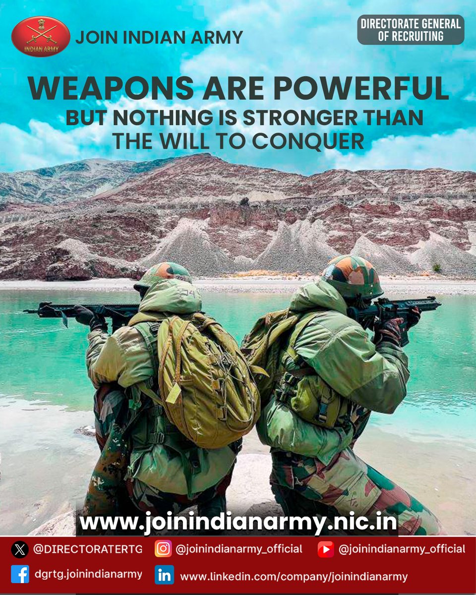 DIRECTORATERTG's tweet photo. Weapons are powerful, but nothing is stronger than the will to conquer.

#IndianArmy #JoinIndianArmy https://t.co/bUeLF5DWwa