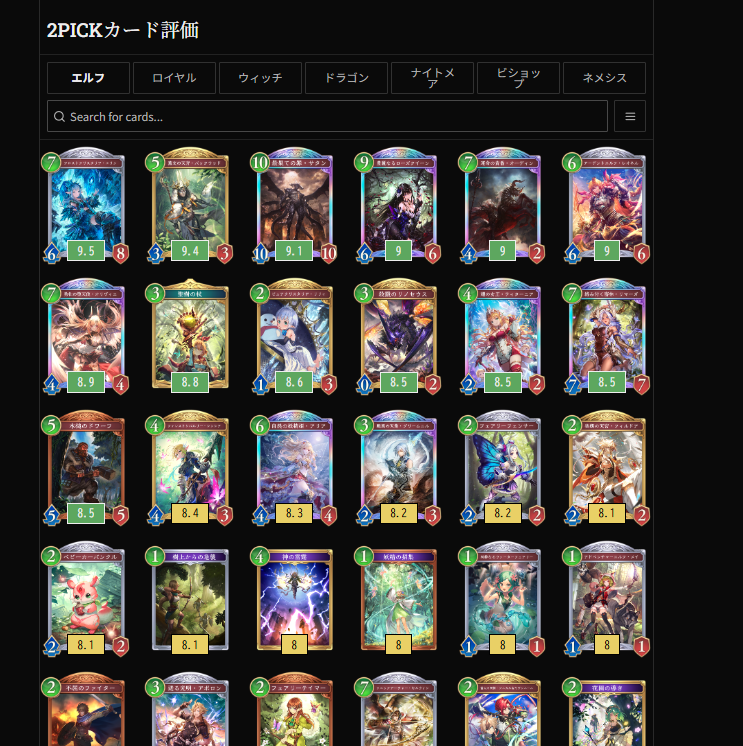 新機能：2pickのすべてのカードが評価されました。 

カードの評価は定期的に更新されます。

最高のクラスはロイヤルとネメシスですが、これは初期のレジェンドとゴールドに依存します。

shadowverse-wb.ccgmaster.com/ja/articles/ta…
