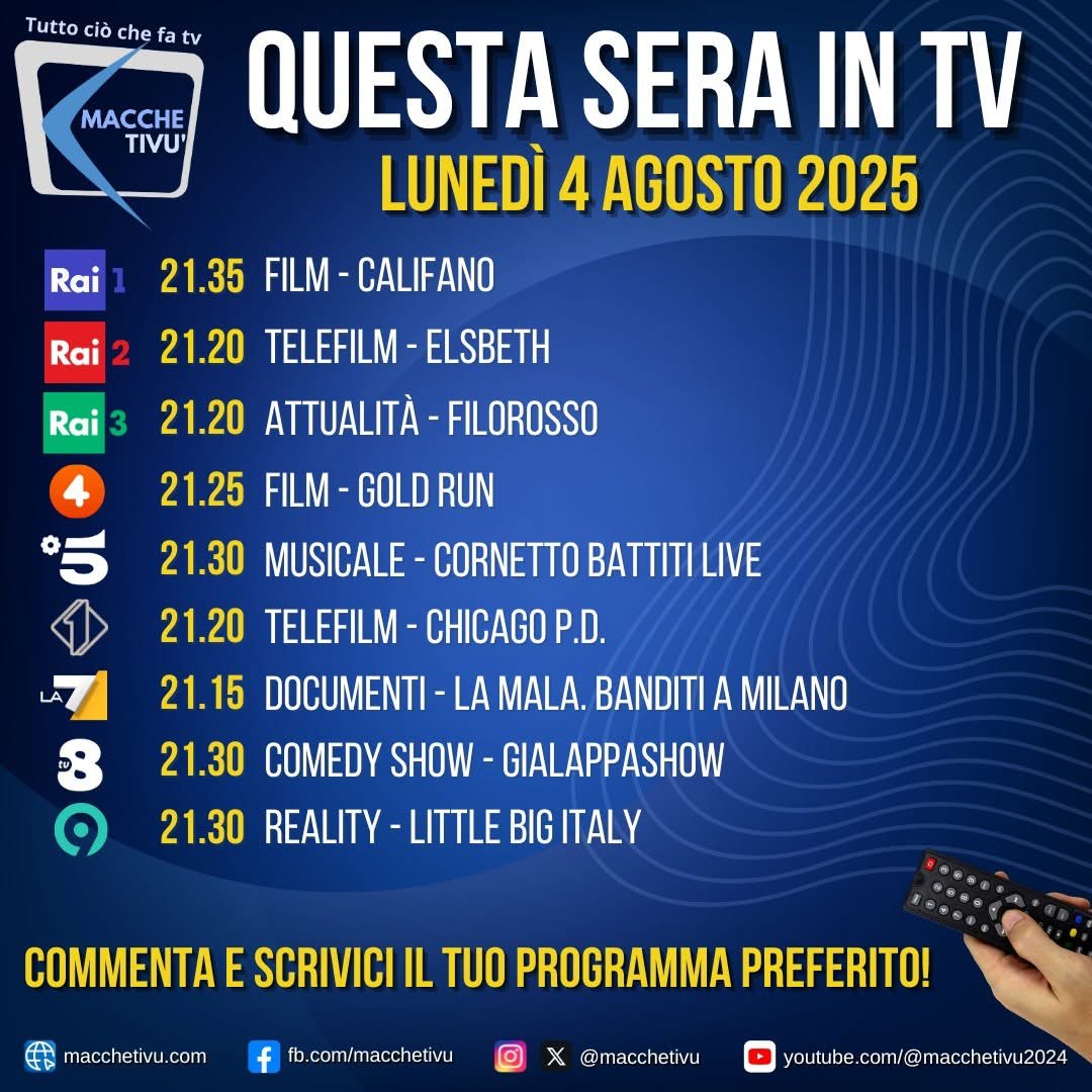 macchetivu's tweet photo. 📺 Serata davanti alla TV?
Scopriamo insieme 👀 cosa c’è di interessante da guardare nei primi nove tasti del telecomando. Buona visione!🍿
#StaseraInTV #guidatv #tv #lunedì #califano #elsbeth #filorosso #goldrun #battitilive #chicagopd #lamala #gialappashow #littlebigitaly https://t.co/A0csMfu81n