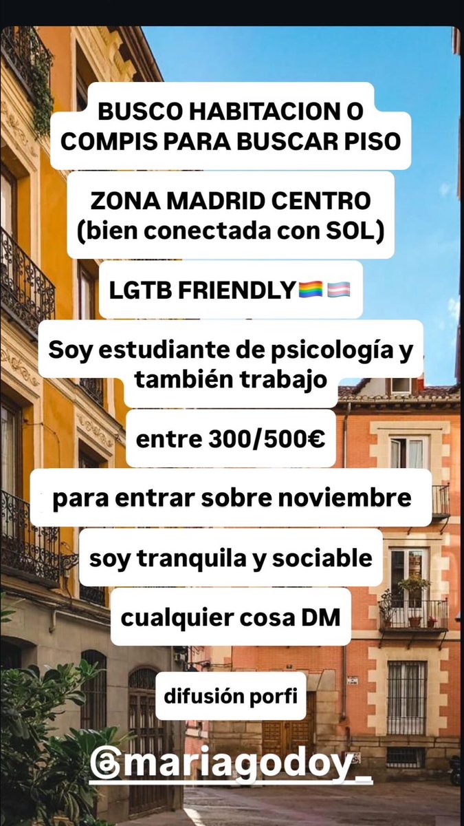 mmgdyyy's tweet photo. Busco habitación en MADRID🏠
📍 Zona Madrid Centro (bien conectada con Sol)
🏳️‍🌈 LGBT friendly (preferiblemente mujeres)
Estudio psicología y también trabajo
Presupuesto: 300–500€
Para entrar sobre octubre/noviembre
Soy tranquila, limpia y sociable
Cualquier cosa, DM‼️ https://t.co/7ePGFPLcld