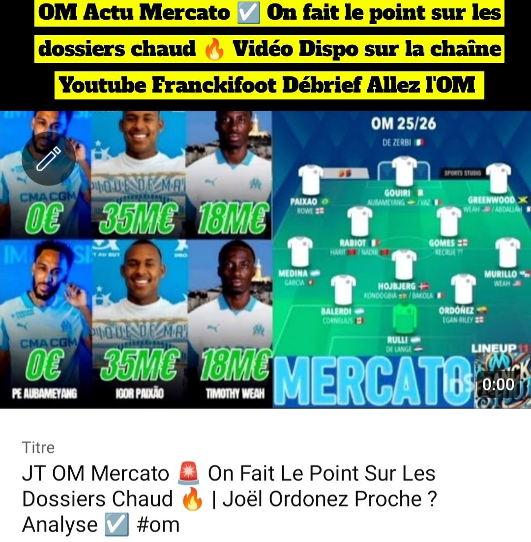 OM Actu Mercato ☑️ On fait le point 👊 Vidéo Dispo sur la chaîne Youtube Franckifoot Débrief 👇 Allez l'OM 
youtu.be/tEgQpbkvxTE?si…

<a href="/OM_Officiel/">Olympique de Marseille</a> <a href="/MedhiBenatia/">MBenatia5</a> #TeamOM #OM #MercatOM #Ligue1 #MercatoOM #Marseille #Ligue1 <a href="/ligue1plus/">L1+</a>