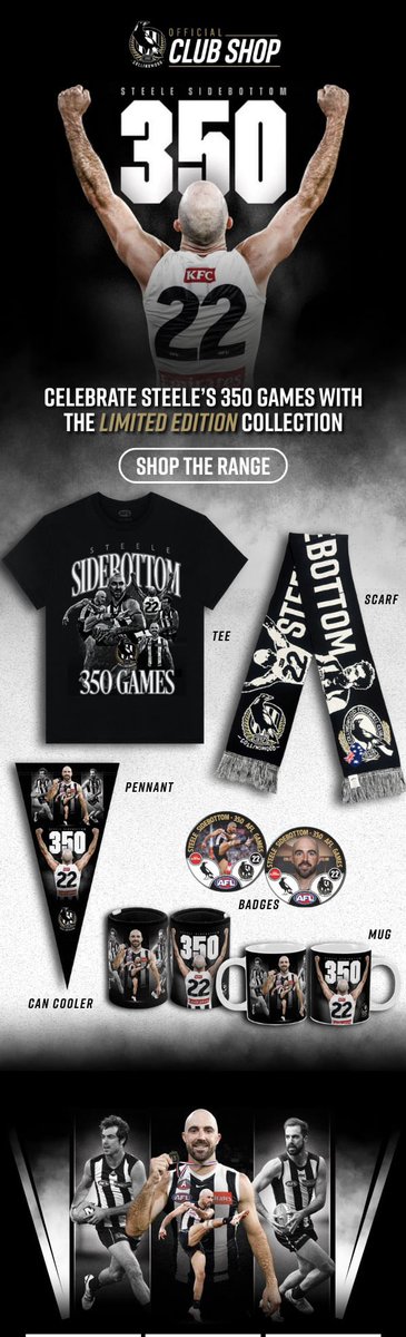 IncrediblyBozza's tweet photo. Steele Sidebottom 350th game merchandise now available to purchase from the @CollingwoodFC official club shop π€π€ππ #GoPies #AFL #Steele350 #Side350Sidey #Sidey350 #Sidebottom350 https://t.co/9f22svhl9j