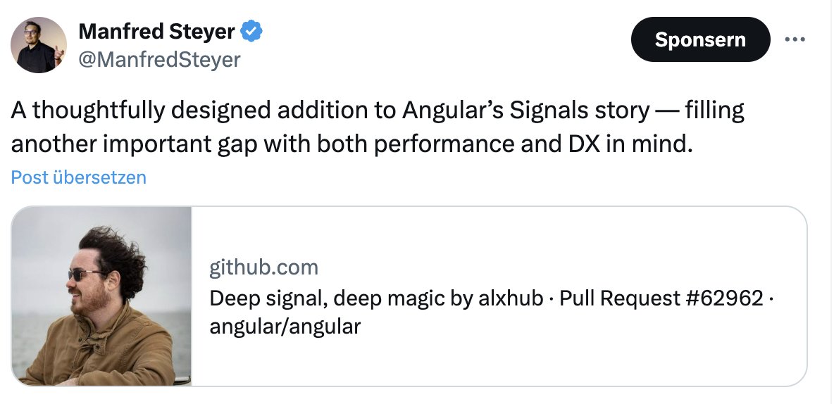 Manfred Steyer (@manfredsteyer) on Twitter photo Let me elaborate on why I'm so ๐บ excited about this draft PR: When you have a signal({x: 1, y: 2}), you often need a separate Signal for x and y, e.g., for binding it to a form or making changes more local. Other frameworks, such as <a href="/solid_js/">SolidJS</a>, use nested signals. This leads to a Let me elaborate on why I'm so ๐บ excited about this draft PR: When you have a signal({x: 1, y: 2}), you often need a separate Signal for x and y, e.g., for binding it to a form or making changes more local. Other frameworks, such as <a href="/solid_js/">SolidJS</a>, use nested signals. This leads to a