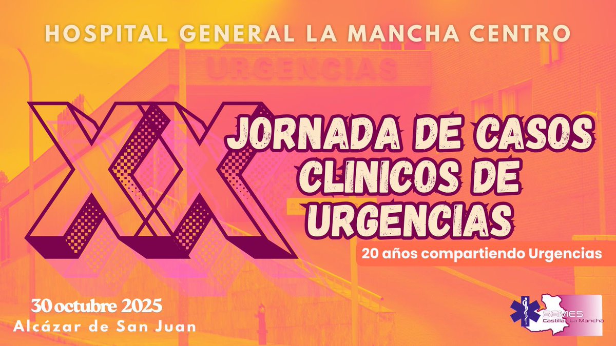 🚨 ¡Vuelven los casos clínicos a SEMES-CLM!
📅 30 octubre 2025
📍 Hospital Mancha Centro – Alcázar de San Juan
🎉 XX Jornada de Casos Clínicos
🔜 A las puertas del inicio de la especialidad de Urgencias y Emergencias.
#Urgencias #SEMESCLM #CasosClínicos

castillalamancha.ccaa-semes.org/jornada-semes-…