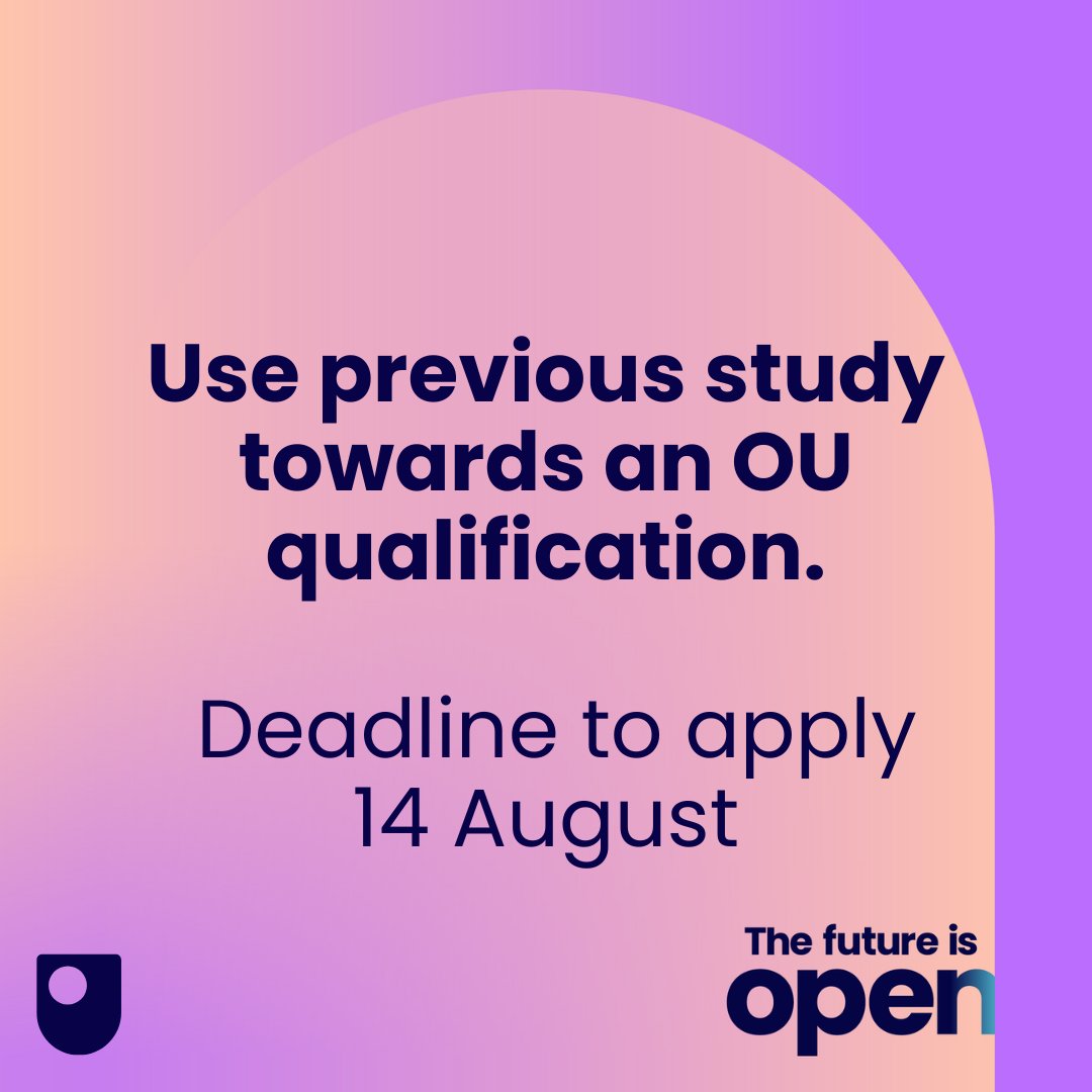 The OU in Ireland (@ouireland) on Twitter photo Studied at uni before - even if you didn't finish?
With Open University credit transfer, past study can count towards a new qualification. Making an application is free and doesn't commit you to study. 
Apply by 14 August 2025 for Oct 2025 courses:
open.ac.uk/courses/apply/… Studied at uni before - even if you didn't finish?
With Open University credit transfer, past study can count towards a new qualification. Making an application is free and doesn't commit you to study. 
Apply by 14 August 2025 for Oct 2025 courses:
open.ac.uk/courses/apply/…