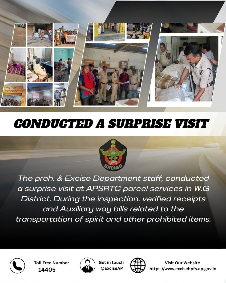 exciseAP's tweet image. 🚨Surprise Inspection | West Godavari
Proh. &amp;amp; Excise Dept. staff conducted a surprise visit at APSRTC Parcel Services in W.G. District.
📄Verified receipts &amp;amp; auxiliary waybills related to the transportation of spirit &amp;amp; prohibited items.
#ExciseEnforcement #WestGodavari #Excise