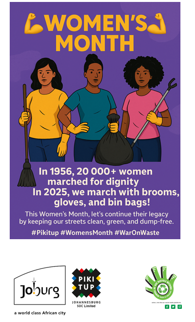 CleanerJoburg's tweet photo. 💪🏽 Women’s Month 💪🏽
In 1956, over 20 000 women marched for dignity.
In 2025, we march with brooms, gloves, and bin bags! 💃🏾✨
This Women's Month, let’s honour their legacy by keeping our streets clean, green, and dump-free.
#Pikitup #WomensMonth #WarOnWaste https://t.co/Jv9OSbs0kg