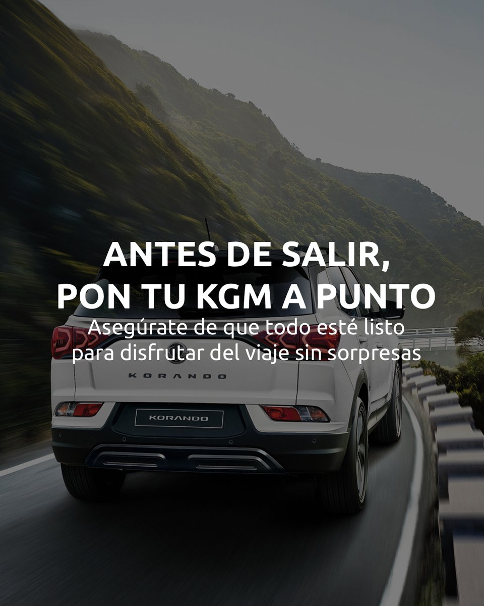KGMEspana's tweet image. ¡Vacaciones a la vista! ☀️🚗 Que nada falle: revisa tu KGM en nuestra red oficial y sal con todo bajo control. Seguridad, confort y tranquilidad para disfrutar del camino. Busca tu taller más cercano en la web y… ¡a gozar del paisaje! 😉

#KGM #TipsDeViaje #KGMEspaña