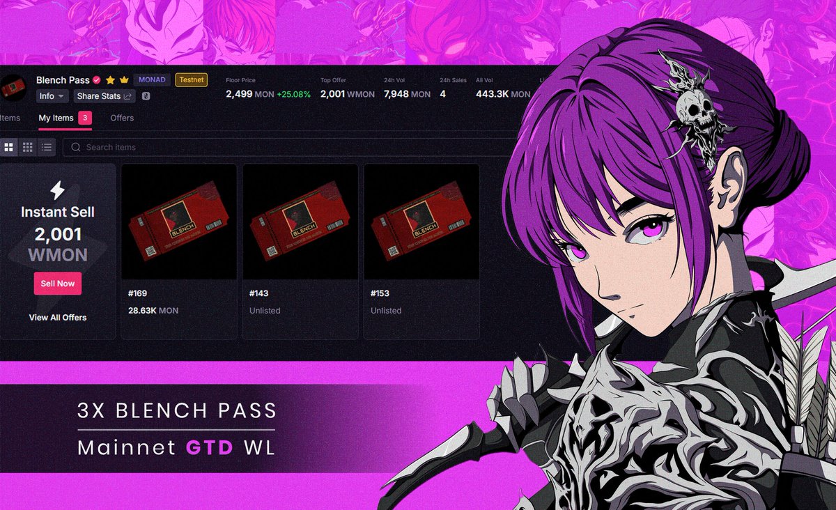 My biggest giveaway ever 💜

<a href="/blench/">blench</a> has been my favorite NFT project on <a href="/monad/">Monad ⨀</a> since day one. 
I've been here since the beginning, holding, believing and supporting.

Now, I'm giving away 3 Blench Pass NFTs to one lucky person who truly vibes with the Blench spirit.

🟣 Current