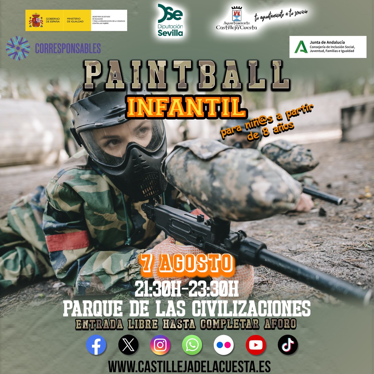 ¡Prepárate para la batalla más divertida! 💥
🎯 Paintball Infantil (+8 años)
📅 7 ago · 🕤 21:30h
📍 Parque de las Civilizaciones
🎟️ Entrada libre hasta completar aforo

Esta actividad se realiza gracias a la colaboración de la Diputación de Sevilla.
#ViveElVeranoEnCastilleja
