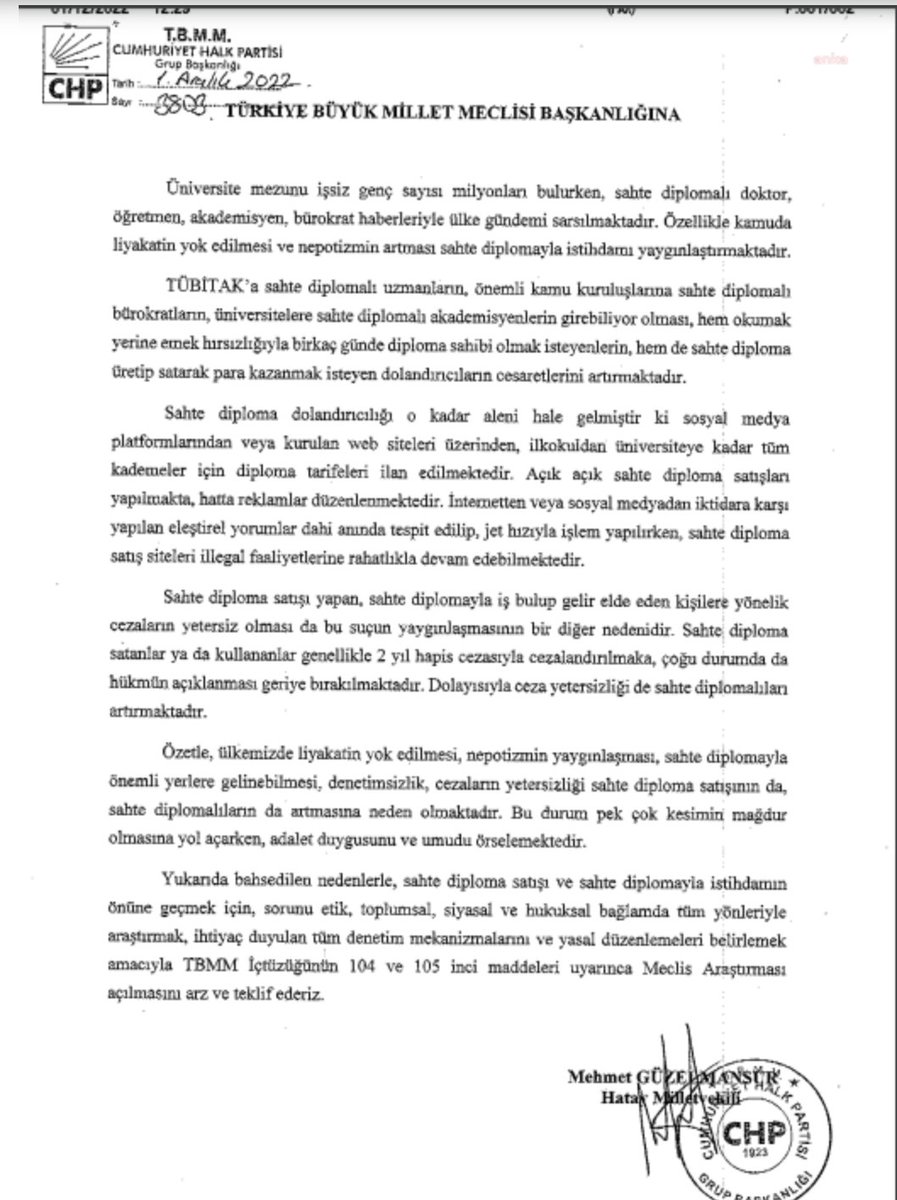 CHP Milletvekili Mehmet Güzelmansur 2022 yılında, sahte diploma ile TÜBİTAK'a uzmanların, önemli kurumlara bürokratların, üniversitelere akademisyenlerin alındığı iddiaları için Meclis araştırması önermiş.
