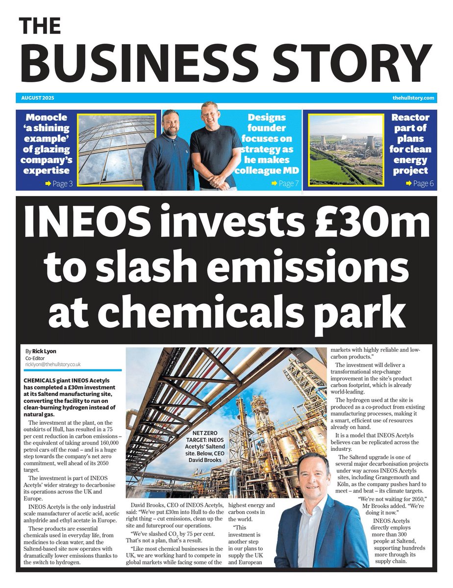 OUT NOW: The Business Story. We lead our 8-page business supplement on chemicals giant INEOS Acetyls completing a £30m investment at its Saltend manufacturing site to achieve a 75% reduction in carbon emissions. <a href="/INEOS/">INEOS</a> #netzero #Hull #BusinessNews