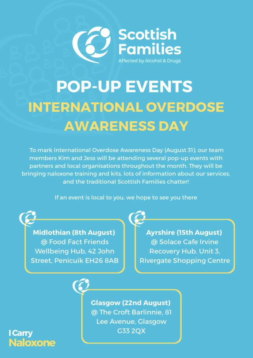 SFAD will be at the Recovery Hub with a pop-up stall on Friday 15th August from, 11am - 2pm, in the lead-up to International Overdose Awareness Day. 

Drop by to say hello or to learn more about naloxone 👋