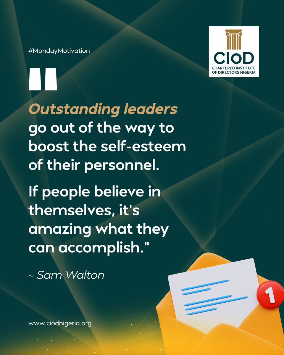 CIoD NIGERIA -The Chartered Institute of Directors (@ciodnigeria) on Twitter photo Dear Distinguished Director,
Outstanding leaders donโt just lead, they lift others. When people believe in themselves, the results are extraordinary.
Start your week by investing in those around you.
#Leadership #CIoDNigeria #Inspireconfidence #Workplacewellbeing <a href="/tnolas/">Dr. taiwo nolas-alausa</a> Dear Distinguished Director,
Outstanding leaders donโt just lead, they lift others. When people believe in themselves, the results are extraordinary.
Start your week by investing in those around you.
#Leadership #CIoDNigeria #Inspireconfidence #Workplacewellbeing <a href="/tnolas/">Dr. taiwo nolas-alausa</a>