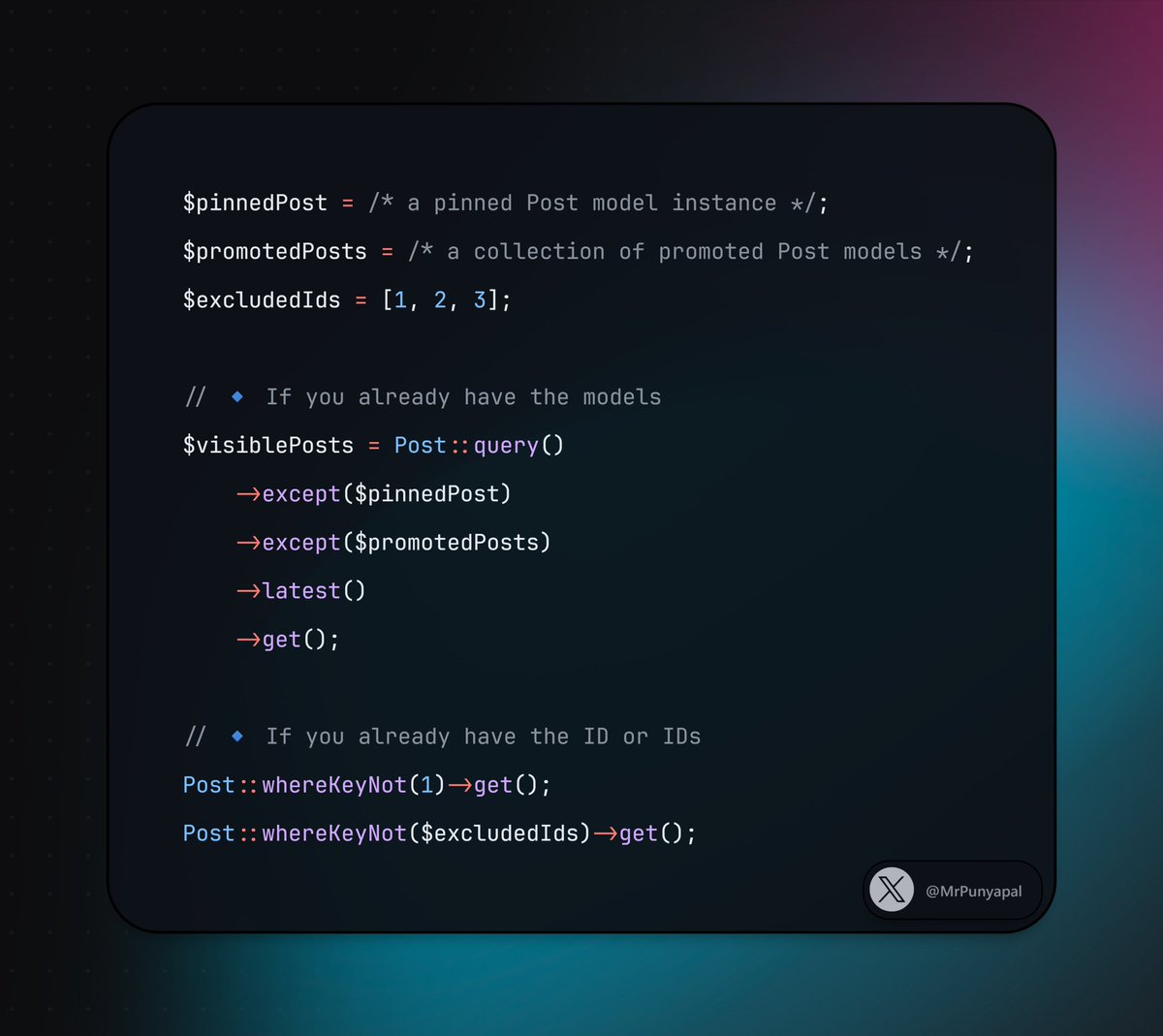 MrPunyapal's tweet image. Laravel 12.22 will drop except() to Eloquent 🎉
Easily exclude model instances or collections from your queries — no more manual ID handling ✨
A small feature, but a big win for developer experience 💪