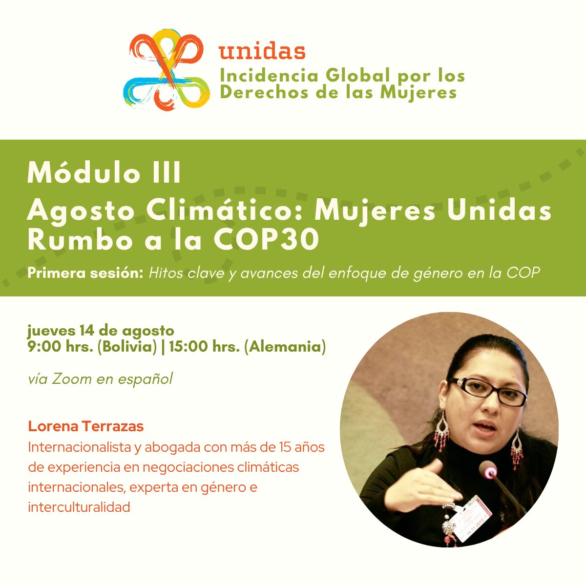 🌎💚 ¡Iniciamos nuestro “Agosto climático: #Unidas rumbo a la #COP30”!
🗓️ Sesión 1: 14 de agosto, 9:00 hrs. 🇧🇴 | 15:00 hrs. 🇩🇪
🔗 Regístrate: t1p.de/r7a1i
Temas: Enfoque de género, avances, desafíos y claves para una participación efectiva de las mujeres en la COP30