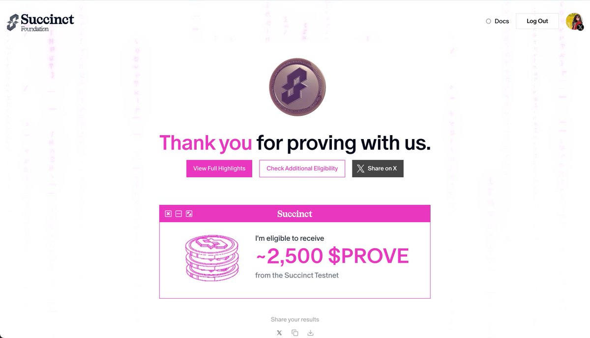 Been watching <a href="/SuccinctLabs/">Succinct</a> heat up lately — with $PROVE’s TGE now behind us, the momentum is just starting.🚀

I’ve been in since the early testnet days and community events. Even with just 2,500 $PROVE , I’m hyped.

Succinct is basically a decentralized ZK factory. With SP1,