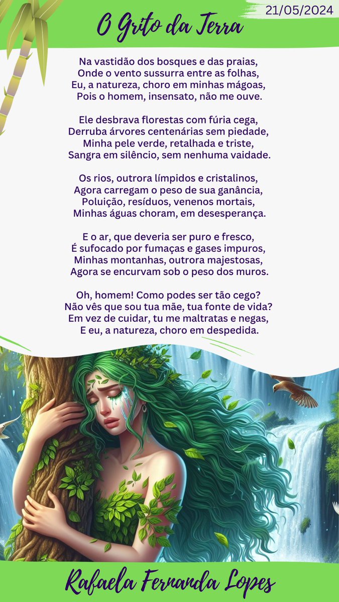 O Grito da Terra
21/05/2024
Rafaela Fernanda Lopes 

VETA TUDO LULA 

O planeta Terra resiste como pode, mas já não aguenta tanta devastação.