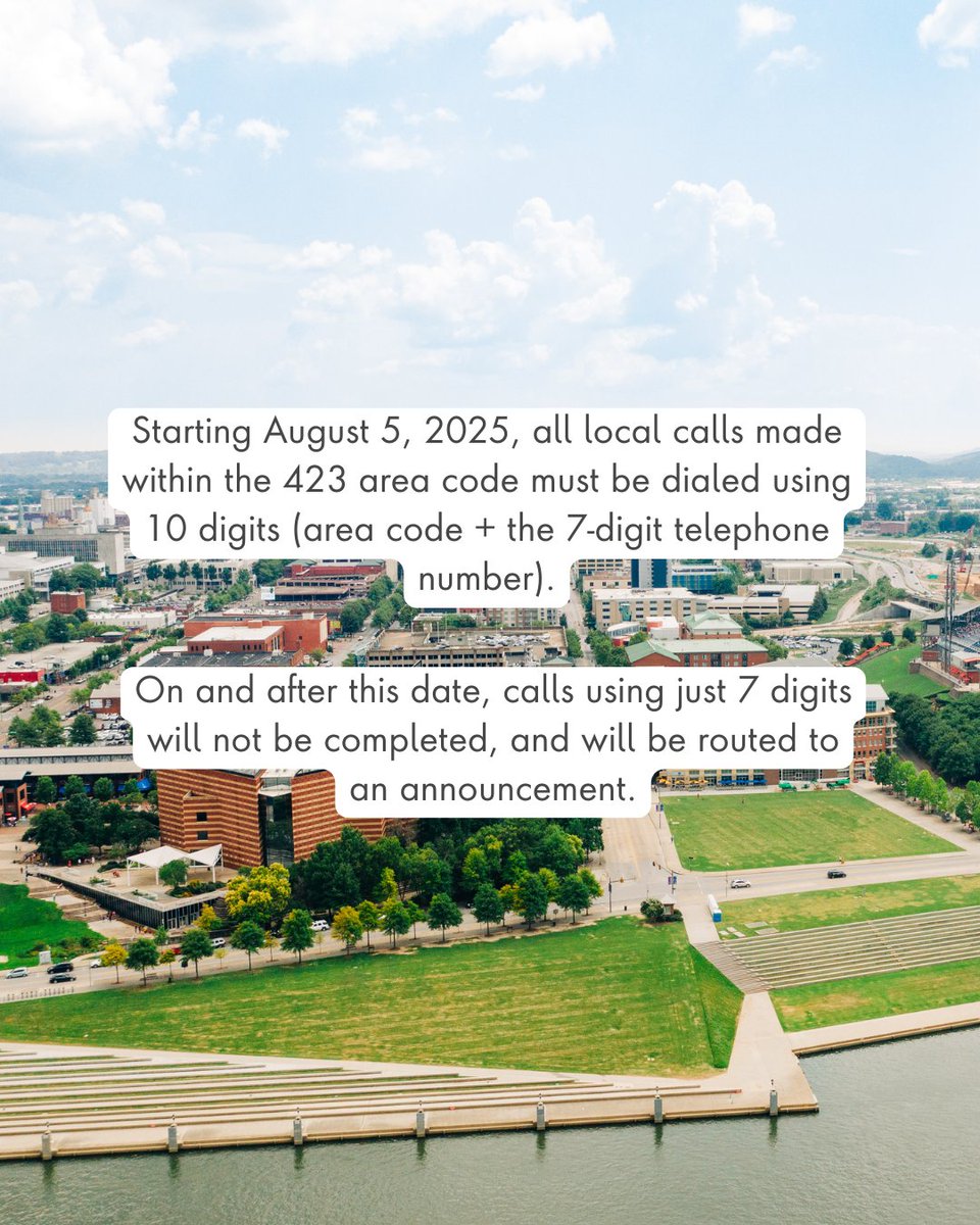 Heads up, Chattanooga! Starting tomorrow, August 5, 2025, you’ll need to dial all 10 digits. That’s the 423 area code + the phone number for all local calls!